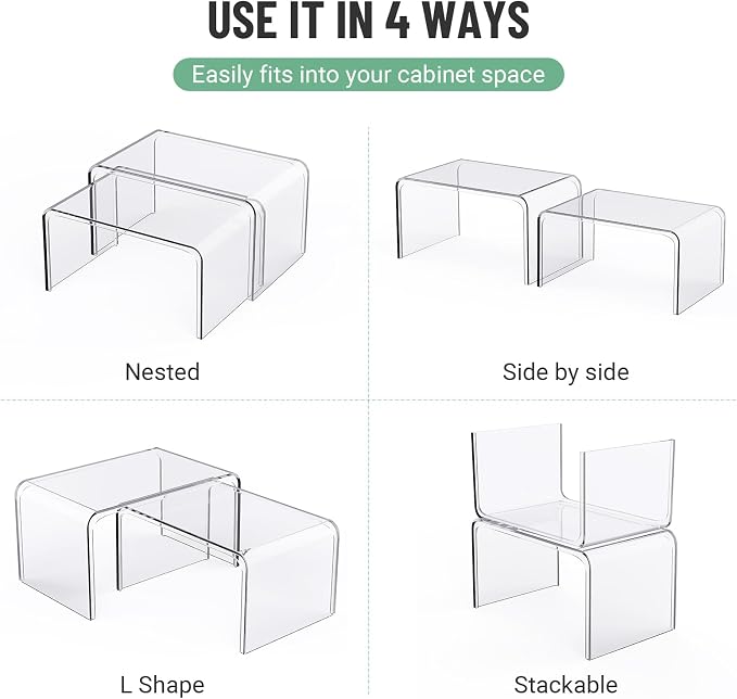 Bobomoment Clear Cabinet Organizer, Stackable Shelf Organizer Set of 4 | Kitchen Pantry Organizers and Storage, Display Cabinet Shelf Countertop Desk Shelves, Patented Spice Organization