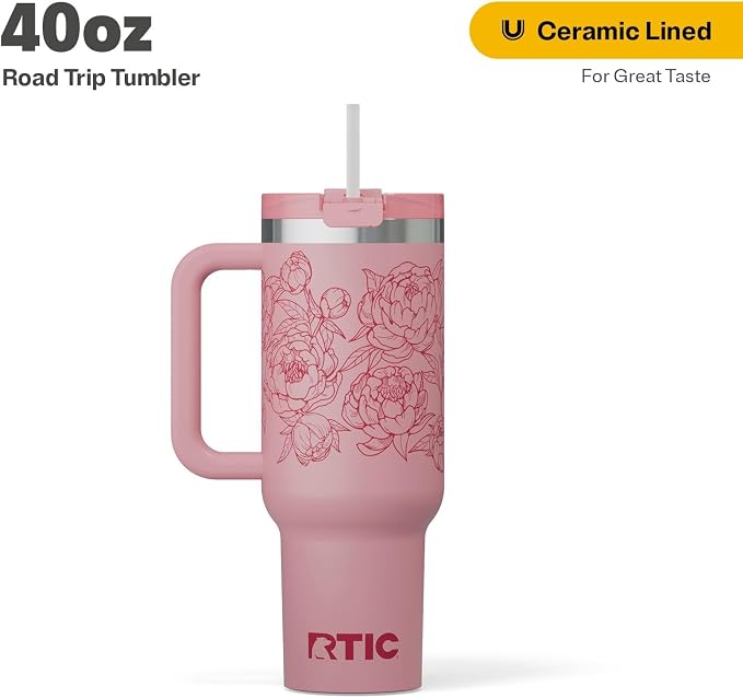 RTIC 40 oz Road Trip Tumbler Double-Walled Cermaic Lined Insulated Stainless Steel Portable Travel Coffee Mug Cup with Lid, Handle and Straw, Pink Peonies