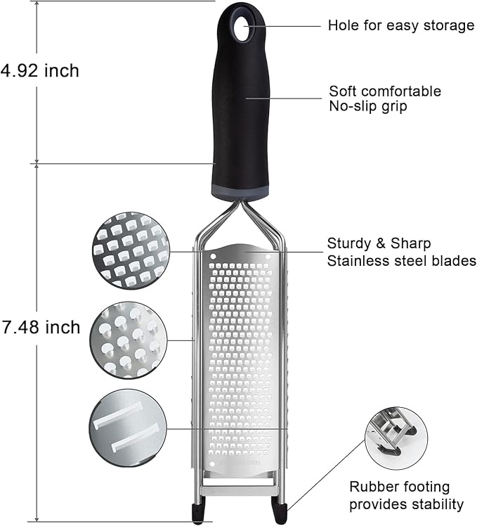 3-in-1 Lemon Zester & Cheese Grater, 304 Stainless Steel, 12-Inch, Black | Three Blade Surfaces for Fine Zesting, Coarse Grating and Slicing, 304 Stainless Steel, Non-slip TPE Handle, Dishwasher Safe