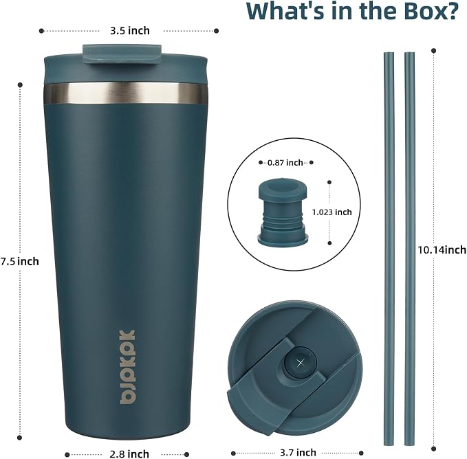 BJPKPK 22 oz Coffee Tumbler with Straw, Insulated Stainless Steel Cup | Double Wall Vacuum, Leak Proof Lid, Keeps Hot/Cold/Iced, BPA Free, Dishwasher Safe, Cupholder Friendly, Travel, Navy Blue
