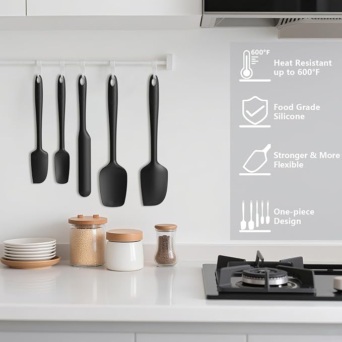 Coukre Silicone Spatula Set of 5,High Temperature Resistant, Food Grade Silicone, Dishwasher Safe, for Baking, Cooking (Pure Black)