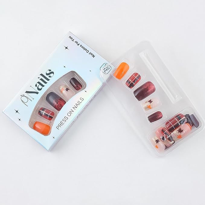 Fall Press on Nails Medium Square Fake Nails with Plaid Maple Leaves Glitter Designs Nails Press ons Orange Brown Acrylic Nails Full Cover Stick on Nails for Women 24 Pcs