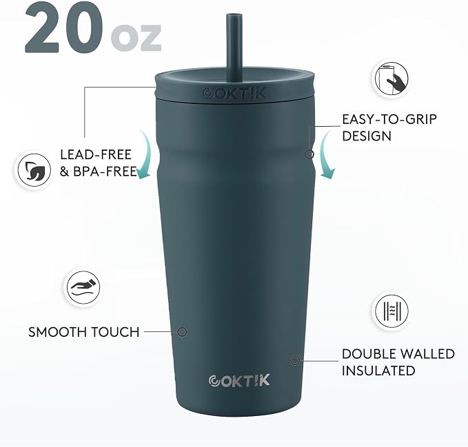 COKTIK 20oz Insulated Tumbler with Lid and Straw Iced Coffee Cup Reusable Stainless Steel Travel Mug Water Bottle Cupholder Friendly for Women Men Her Him (Twilight Fog)