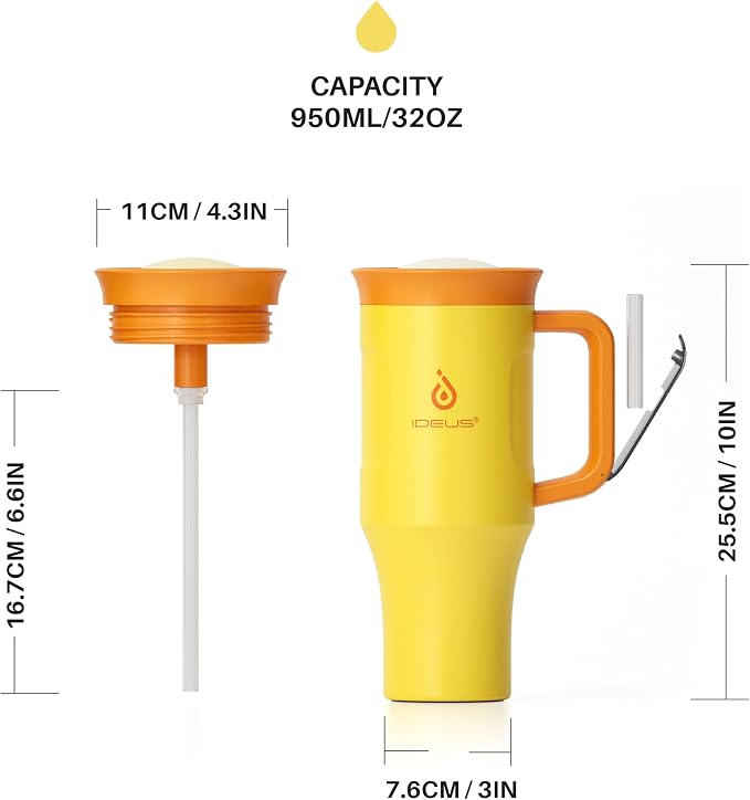 Ideus 32 oz Tumbler with Handle and Straw, Yellow | 100% Leak Proof, Double Wall Vacuum Insulated, Stainless Steel Travel Mug, Cup Holder Friendly