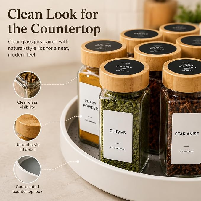 EHME EHME EHME 14 Pcs Glass Spice Jars Bamboo Lids with Lazy Susan Turntable Set, 10 Inch Non-Skid Lazy Susan Seasoning Containers Organization for Kitchen Cabinet Countertop, Spice Label Included.