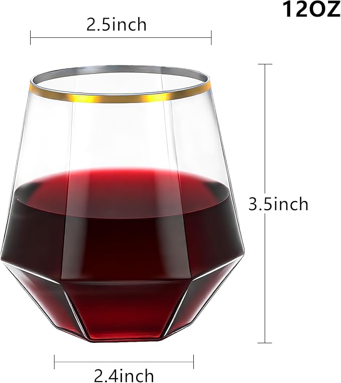 Lullaby 40PCS 12Oz Stemless Plastic Wine Glasses Gold Rim, Diamond Design | Clear Disposable Wine Cups for Champagne Whiskey Cocktail, Perfect for Parties, Weddings and Daily Use