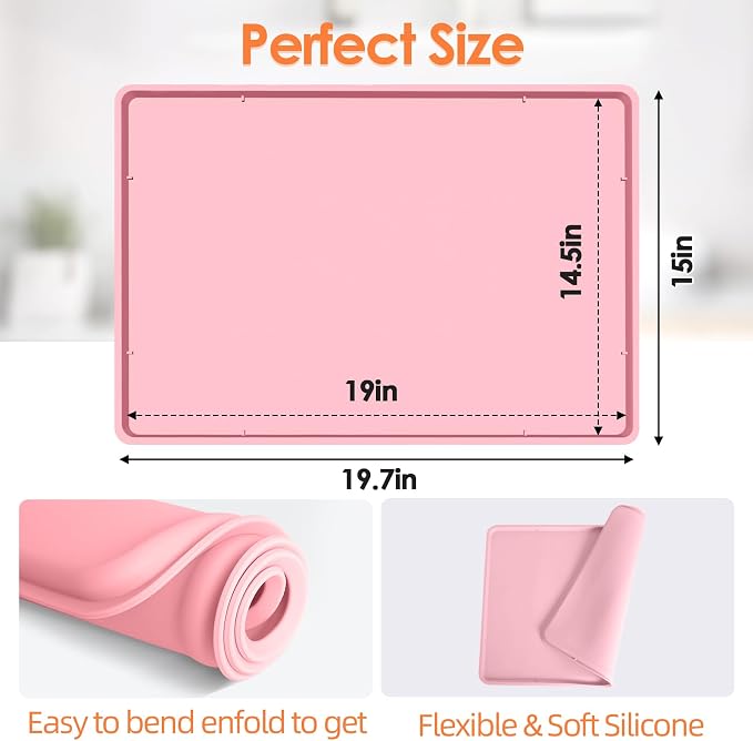 Silicone Coffee Maker Mat with Lip for Countertops, 19.7'' x 15'', Pink | Multi leak-proof coffee tray for countertop, non-slip silicone tray for under coffee machine espresso accessory, wipe-clean