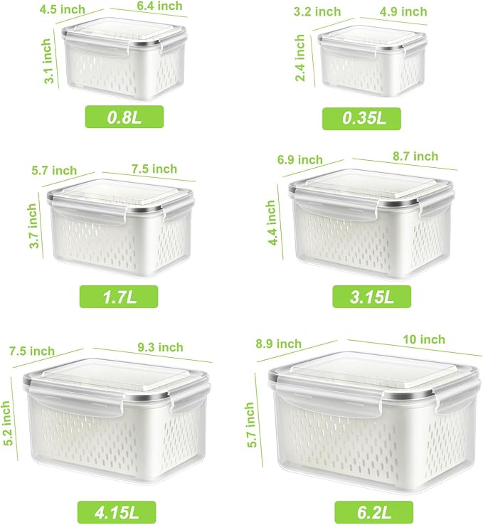 6 Pack Fruit Storage Containers for Fridge Berry Keeper Produce Saver | Airtight Food Container Set with Colander Lettuce Veggie Keep Fresh BPA Free Refrigerator Organizer Freezer Dishwasher Safe