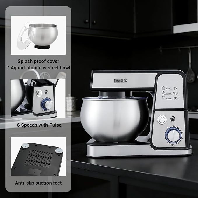 Stainless Steel 6-Speed 5.3QT Stand Mixer | 400W motor, 5.3QT bowl, tilt-head design. Dough hook, beater & whisk. For bread, cakes & dough