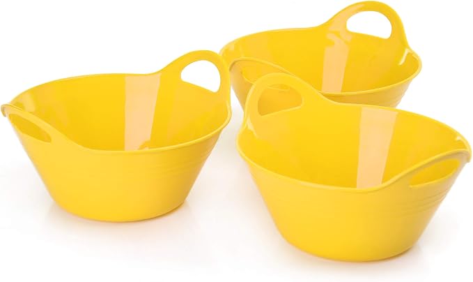 Mintra Home Plastic Bowls with Handles (970ml Small 3pk, Yellow) - 6.75inW x 3inH - for snacks, candy, popcorn, gift basket, lightweight serving bowl for party, 3 Pack
