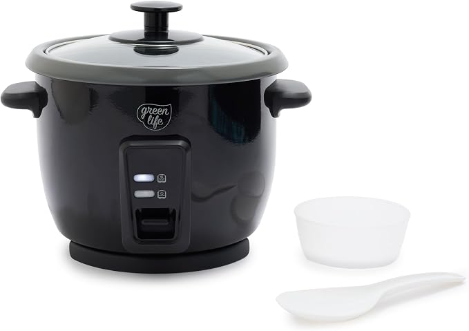 GreenLife Rice Cooker, 3-Cups Uncooked/6-Cups Cooked, Black | PFAS-Free Ceramic Nonstick Removable Pot, One-Switch Design, Grains Multicooker, Keep Warm, Dishwasher Safe Parts, Easy Clean