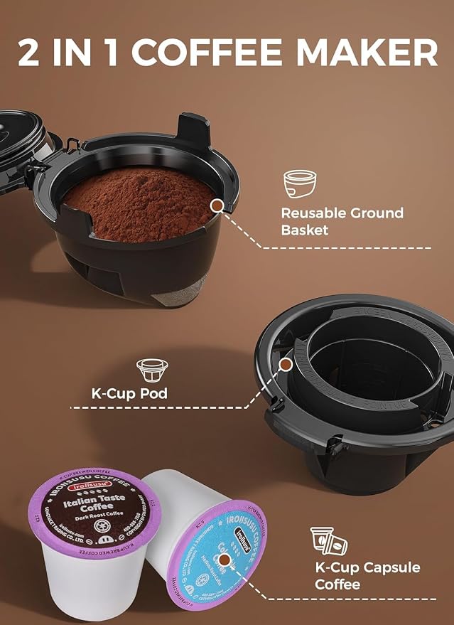 Electactic LED Single Serve Coffee Maker for KCup Pods & Ground Coffee | 2 in 1 coffee machine, 40oz removable water tank, 5 brew sizes 6–14oz, fast heating & self-cleaning for home and office