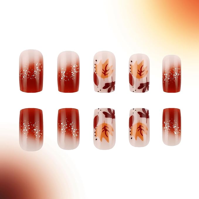 24 Pcs Fall Press on Nails Medium Square Fake Nails with Ombre Maple Leaves Glitter Designs Nails Press ons Brown Orange Acrylic Nails Autumn Stick on Nails for Women