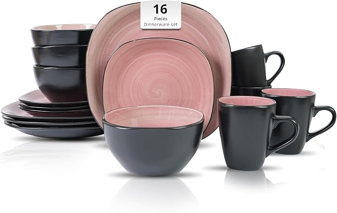 HomeVss, Stoneware Square 16pc Dinnerware Set, Inside Spinwaseh Swirl Rose + Outside Black