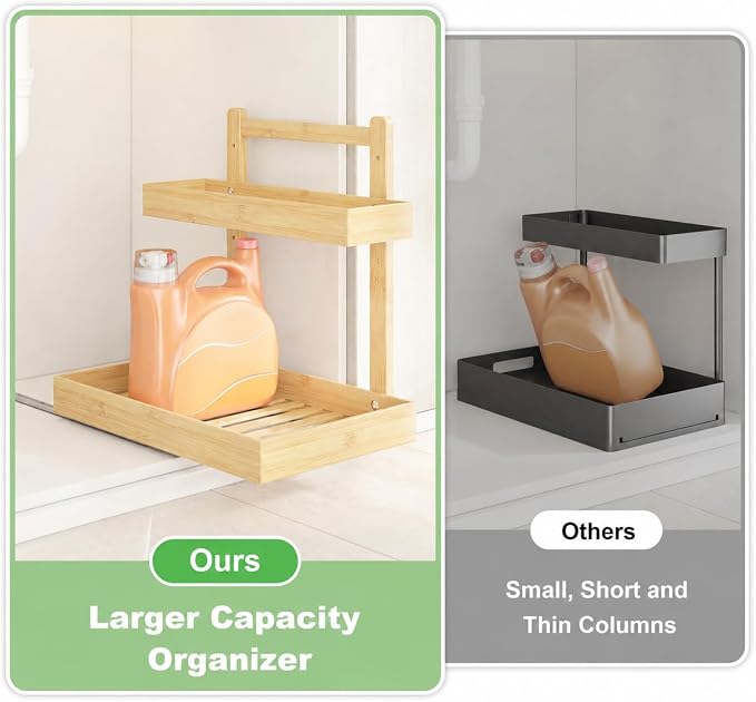 Bamboo Under Sink Organizer, 2-Tier Pull Out Cabinet Organizer | Kitchen Sink Organizer | Bathroom Cabinet Organizer | Cleaning Supply Storage | L-Shape | 3-Level Adjustable | Natural Bamboo
