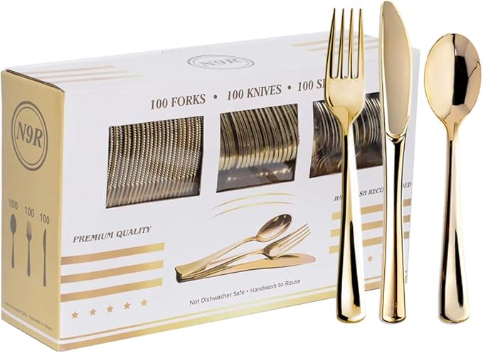 300PCS Gold Plastic Silverware, Disposable Plastic Cutlery/Utensils | Heavy Duty Flatware, 100 Forks, 100 Spoons, 100 Knives, for Party, Wedding & Everyday Use