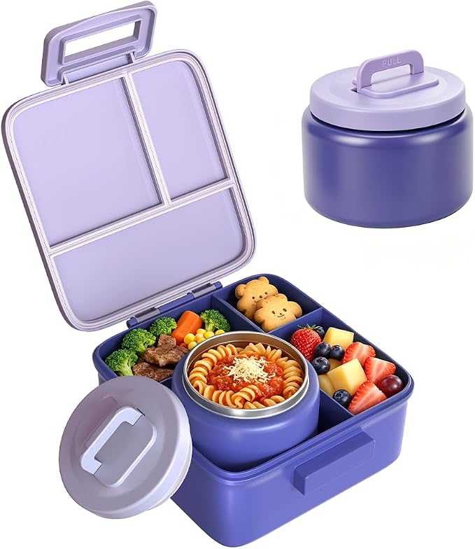 Bento Lunch Box for Kids with 8oz Thermo Containers for School,Camping | Vacuum Insulated Food Jar,Leakproof Silicone-Seal,5 Compartments with Dividers,Dishwasher & Refrigerator Safe,BPA-Free