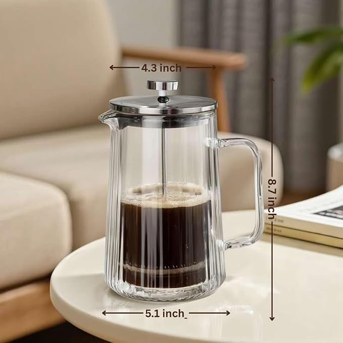 Glass French Press Coffee Maker, Heat Resistant Borosilicate Glass (34oz Ribbed)