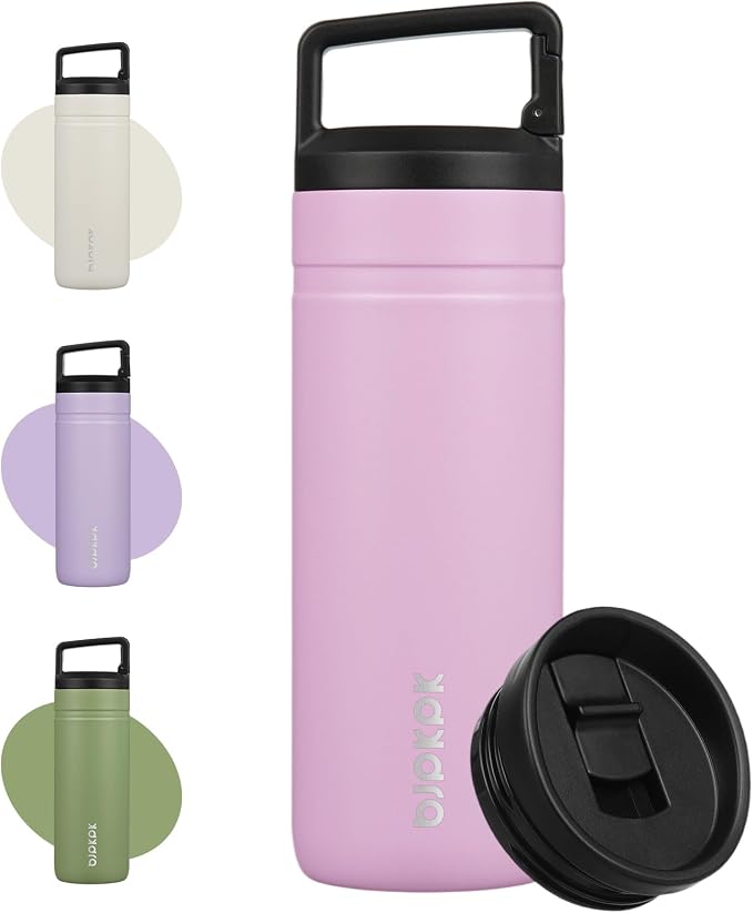 BJPKPK 20 oz Insulated Travel Water Bottle, Coffee Tumbler Stainless Steel | Double Wall Vacuum, Leakproof, Thermal, Keeps Hot/Cold, Dishwasher Safe, Spill Proof, Wide Mouth, 2 Lids, Light Pink