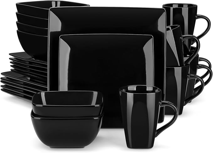 vancasso Soho Dinnerware Sets 24 Pieces, Black Stoneware Square Place Setting, Dinner Plate, Cups and Plates Sets for Kitchen, Dish Set for 6