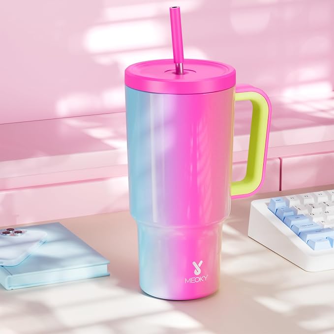 Meoky 30 oz Tumbler with Handle, Tumbler with Lid and Straw, Insulated Stainless Steel Travel Mug, 100% Leak-proof, Cupholder Friendly, Keeps Cold for 24 Hours or Hot for 8 Hours (Carnival)