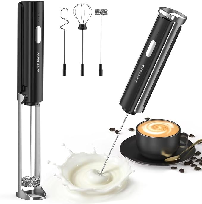Anfilank Handheld Milk Frother Wand with Folding Stand, Rechargeable Electric Whisk with 3 Speeds & 3 Stainless Heads, Milk Foam Maker with Stand for Latte, Cappuccino, Hot Chocolate, Egg