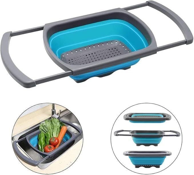 Collapsible Colander Strainer with Extendable Handles - Over the Sink Vegetable/Fruit Colanders Strainers for Kitchen, Capacity of 6 quart (Blue)