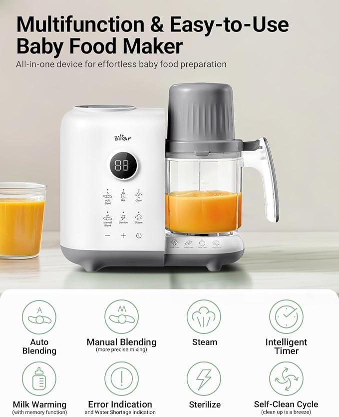 Bear Baby Food Maker Steamer&Blender with Dual-Layer Steam Baskets, 18.5oz | OneStep Baby Food Processor Puree Maker Grinder Mills Bottle Warmer, Sterili-zing for Healthy Homemade Baby Puree, BPA-Free