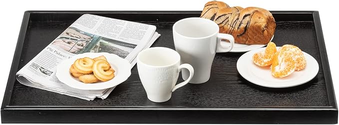 24 x 16 Inches Extra Large Solid Wood Serving Tray for Tea Coffee Table Snack Food Meals Serving Plate Kitchen Party Bar Breakfast Server with Raised Edges Black Wooden Decorative Ottoman Tray