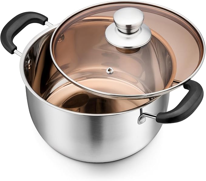 P&P CHEF 3 Qt Stockpot with Lid, Stainless Steel Stock Pot, 1-Ply Metal | Cooking Pot for Soup Pasta, Heat-Proof Double Handles with Visible Lid, Dishwasher Safe & Healthy Use