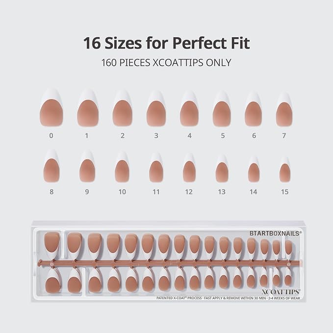 BTArtboxnails XCOATTIPS White French Tip Press On Nails, M Almond, Brown | Lamp-Curable, 4-Week Wear, Salon Quality Value at Home, Natural Nail Look, Easy-to-Apply for Beginners, 160Ct Nail Tips Only
