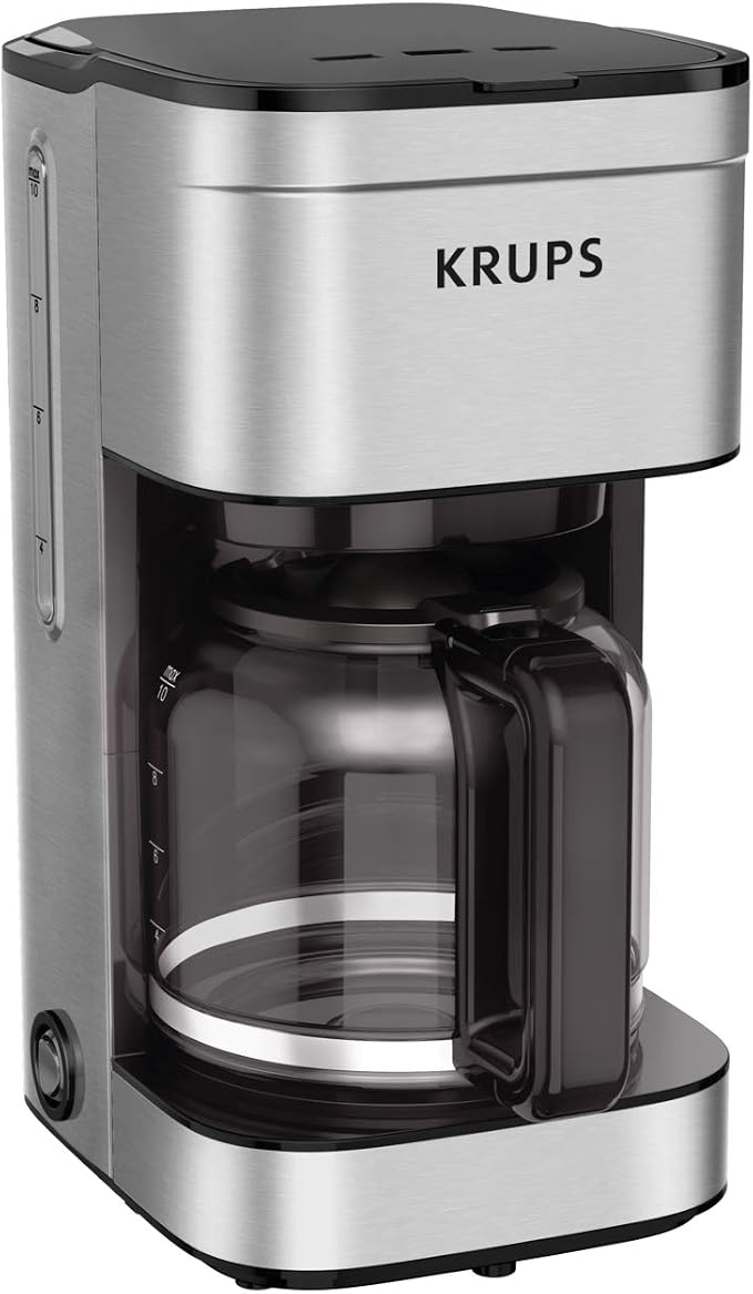 KRUPS Coffee Maker 10 Cups Simply Brew Stainless Steel Drip Coffee Maker, 900 Watts Coffee Filter, Drip Free, Dishwasher Safe Pot , Black & Silver | Pause & Brew mid-cycle pour, Keep Warm function, Reusable filter included, Drip-free dishwasher-safe gl...
