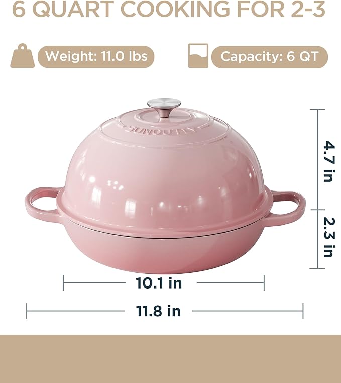 Enameled Cast Iron Bread Oven, 6QT Cast Iron Dutch Oven for Homemade Sourdough Bread Baking, Round Bread Pot with Dome Lid & Cotton Potholders, Gentle Pink