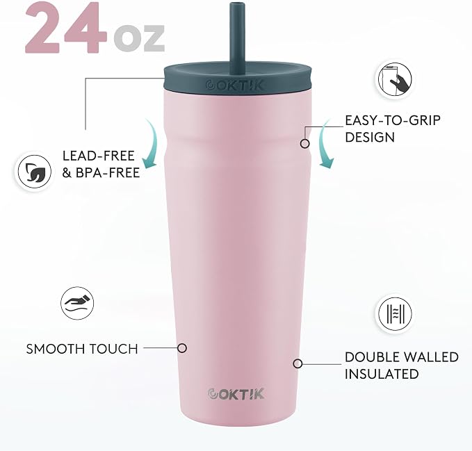 COKTIK 24oz Insulated Tumbler with Lid and Straw Iced Coffee Cup Reusable Stainless Steel Travel Mug Water Bottle Cupholder Friendly for Women Men Her Him (Blush)