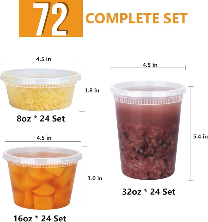 72 Sets (144-Piece) Deli Containers with Lids, 32/16/8 oz X 24 Set Each | Leak-Proof & BPA Free Airtight Takeout Plastic Food Storage Containers for Soup, Meal Prep,Microwave/Freezer Safe