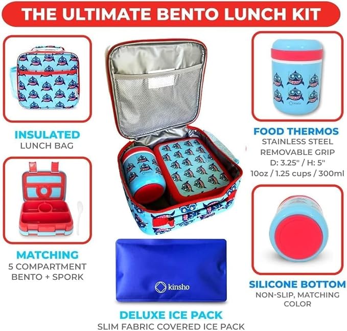 kinsho Bento Lunch Box Set with Thermo Bag & Ice Pack, Cute Baby Blue Shark | 4 Compartments, Removable Tray, Small Meal Snack Container for Boys Toddlers, Daycare & Pre-School, Steel Food Jar