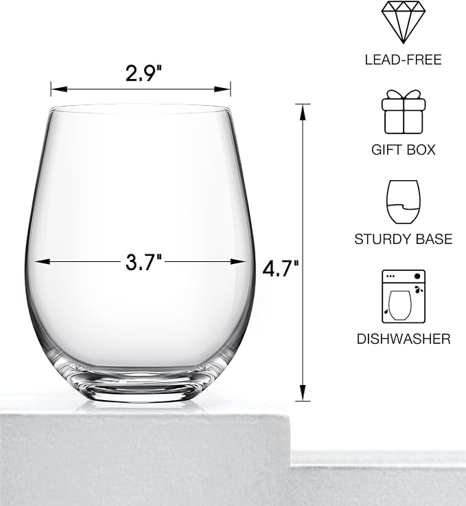 Stemless Wine Glasses Set of 4, 18oz Red White Wine Glass, No Stem | Glassware, Sturdy Drinking Glass, Home Bar, Daily Use, Hosting, Evening Party, Birthdays, Housewarming