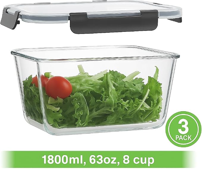HOMBERKING 6 Pieces 63oz/8cup Large Glass Food Storage Containers with Lids, Meal Prep Containers, Airtight Bento Boxes with Leak Proof Locking (3 Containers 3 Lids), Microwave,Oven,Fridge Safe-Black