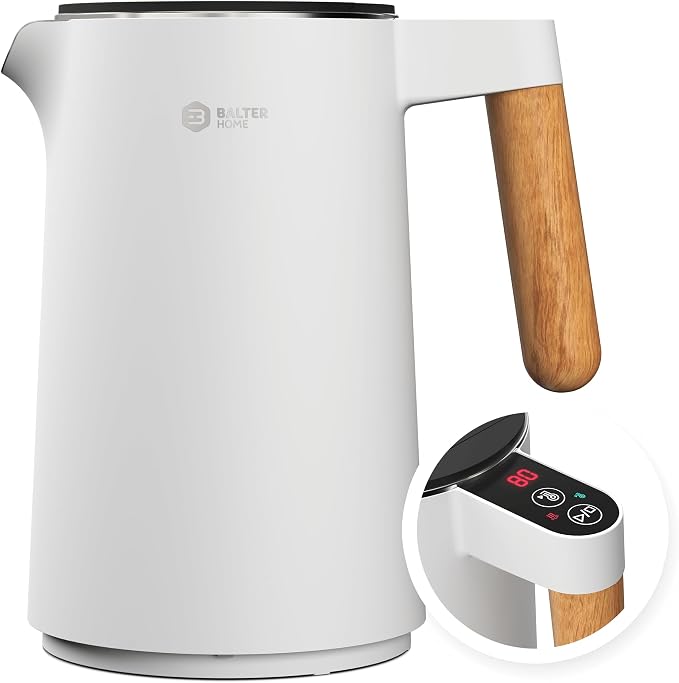 BALTER Electric Kettle with Temperature control, 113 °F – 212 °F, Tea pot, Stainless steel, double wall water kettle, BPA-free, quiet tea kettle, 1.5 L, 2200 W, White