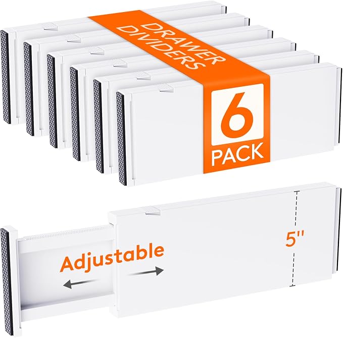 Lifewit 5" Tall Upgrade Drawer Dividers, Adjustable Deep Drawer Organizer | 13.5"-22" Expandable White Drawer Separator for Clothes, Dresser/Kitchen/Closet/Bedroom/Office Organization & Storage, 6 Pack