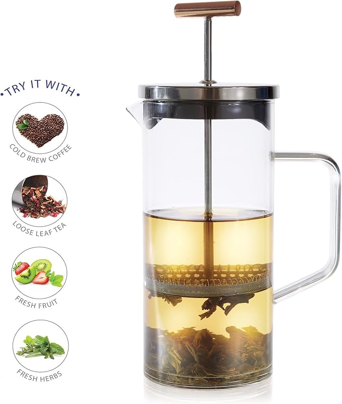 Teabloom Tea Press with Copper Pull Handle and Stainless Steel Filter – Tea Connoisseur's Choice – Pekoe Tea Maker, 20-Ounce