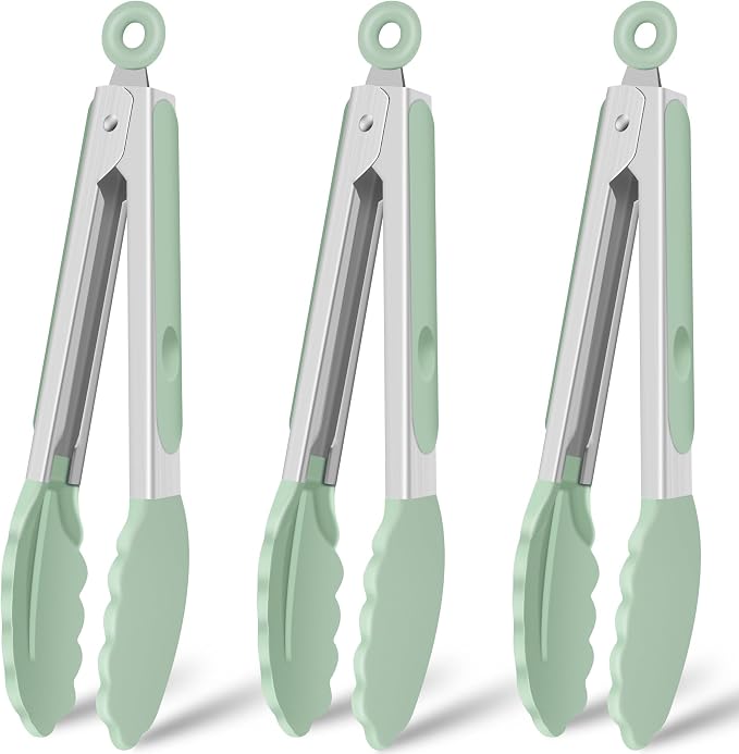 Hotec Silicone Serving Tongs for Cooking 9-Inch Kitchen Tongs with Silicone Tips, Set of 3 (Light Green)