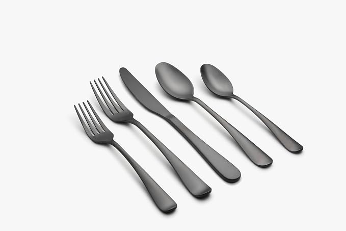 Cambridge Rhiannon Black Satin 45-Piece Silverware Set for 8, Flatware | black, dishwasher safe | includes serving spoons and utensil set | heavy duty, cutlery set for kitchen and dining