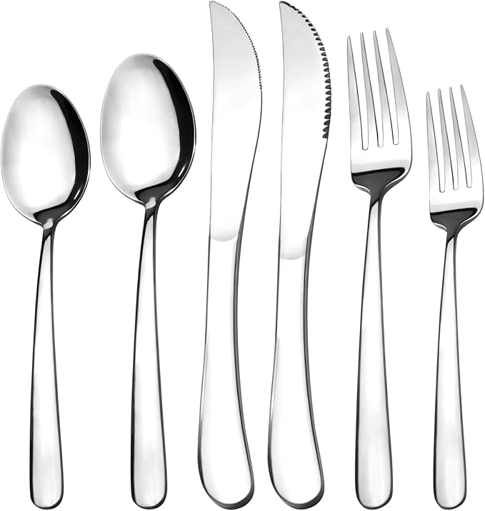 Silverware Set with Steak Knives, 24-Piece Flatware Set for 4 Cutlery Set | 18/0 Stainless Steel Silverware set, Mirror Polished Kitchen Cutlery Set Service for Home and Restaurant, Dishwasher Safe
