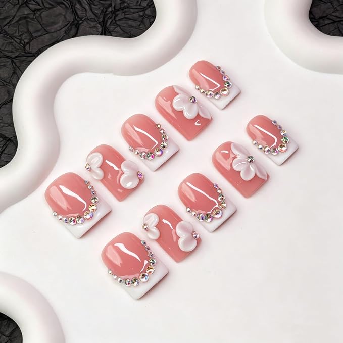 Rhinestone Handmade Press on Nails White French Tip Short Square Fake Nails with 3D Flower & Rhinestone Charms Designs Elegant Nude Pink Glossy Thick Acrylic Nail Stick on Nails for Women (S)