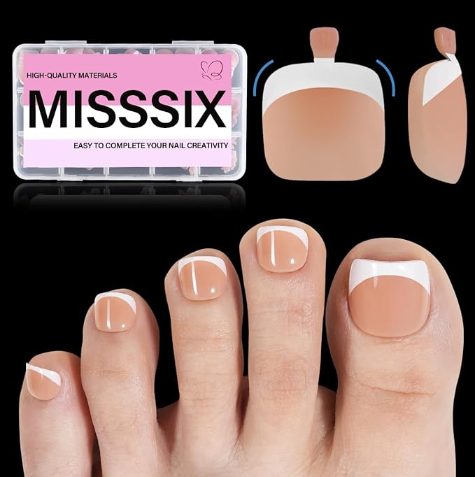 Misssix Press on Toenails Short, 216pcs French Tip Toe Nails Square in Box | 150pcs Soft Gel False Toenail, Acrylic Soak off Fake Toe Nails for Women Nail Art DIY 15 Sizes