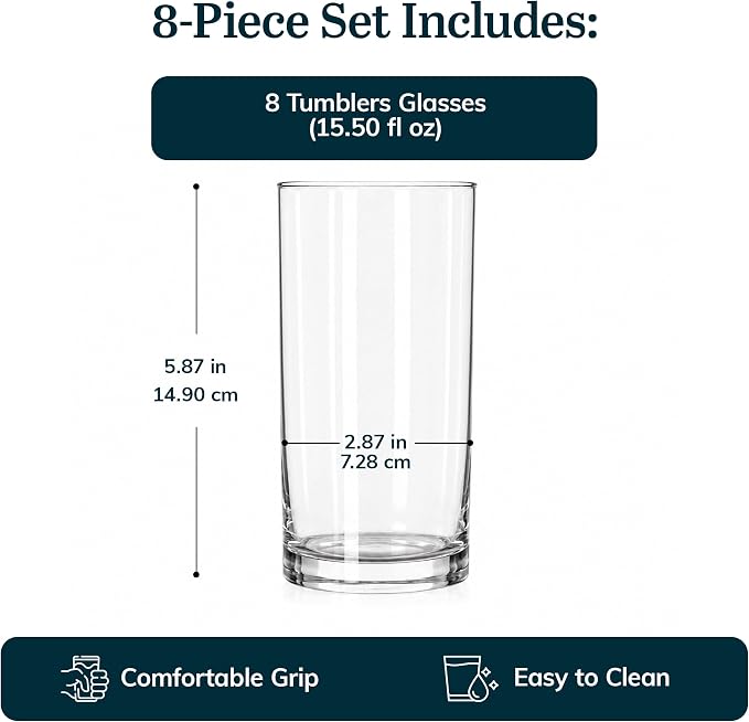 Heavy Base Drinking Glasses Set of 8, Weighted Clear Water Cups | 15.5 oz Capacity for Water, Juice, Soda, Cocktails, and More with Weighted Base and Dishwasher-Safe Cleanup