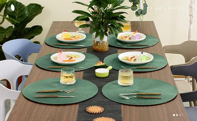 FunWheat Round Braided Placemats Set of 8 Place Mats for Dining Table Woven Washable Non-Slip Table Mats 15 Inch(Green,8pcs)
