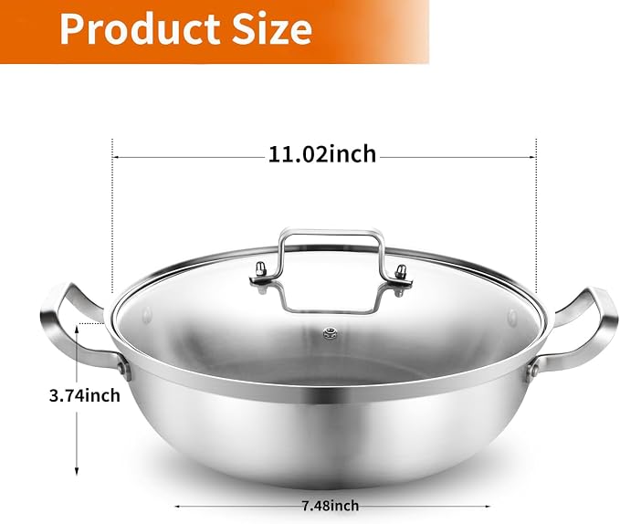 DELARLO Tri-Ply Stainless Steel Hot Pot 12 inch Everyday pan With lid,4QT | Deep Saute Pan,Kitchen Everything Pan, High Side Chef's Pans, Induction Cooking Pot, Dishwasher Safe,Stock Pot Up To 600℉