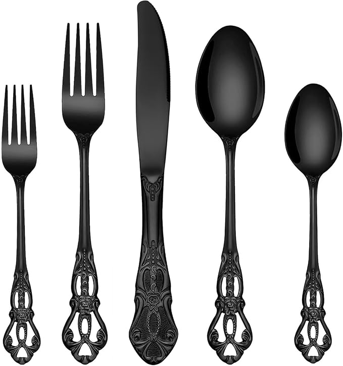 EUIRIO 40 Pieces Black Silverware Set, Royal Retro Flatware Set for 8, Stainless Steel Cutlery Set with Luxury Forks Spoons and Knives, Utensils Set Mirror Polished, Dishwasher Safe